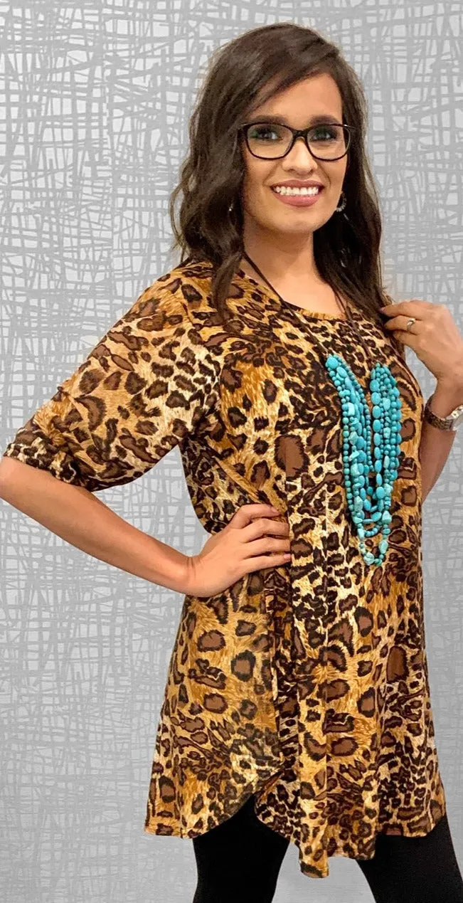 S, M : Tan & Brown Leopard Scoop Tunic