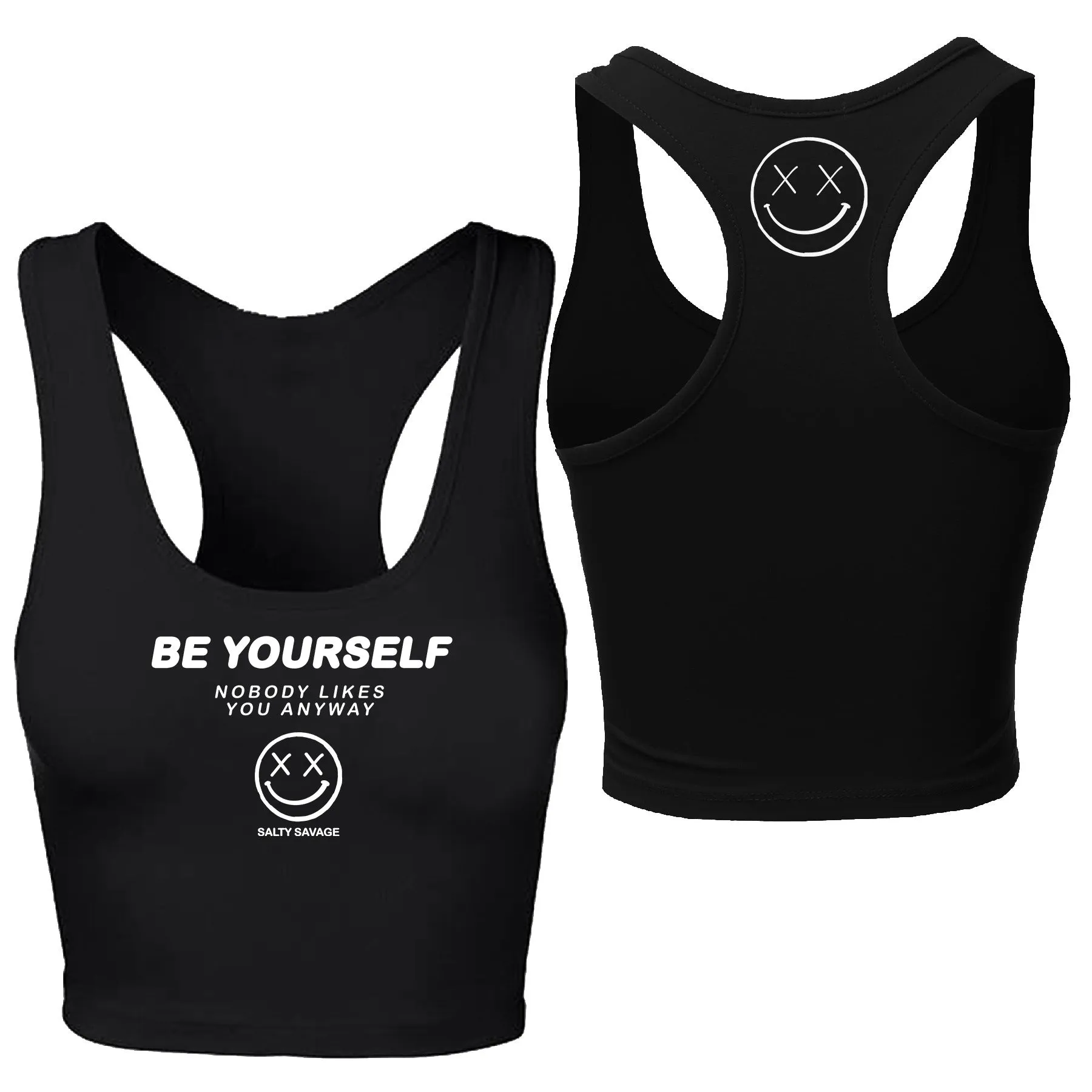 Salty Savage Ladies "BE YOURSELF" Cropped Racerback Tank | Micro | Black/White