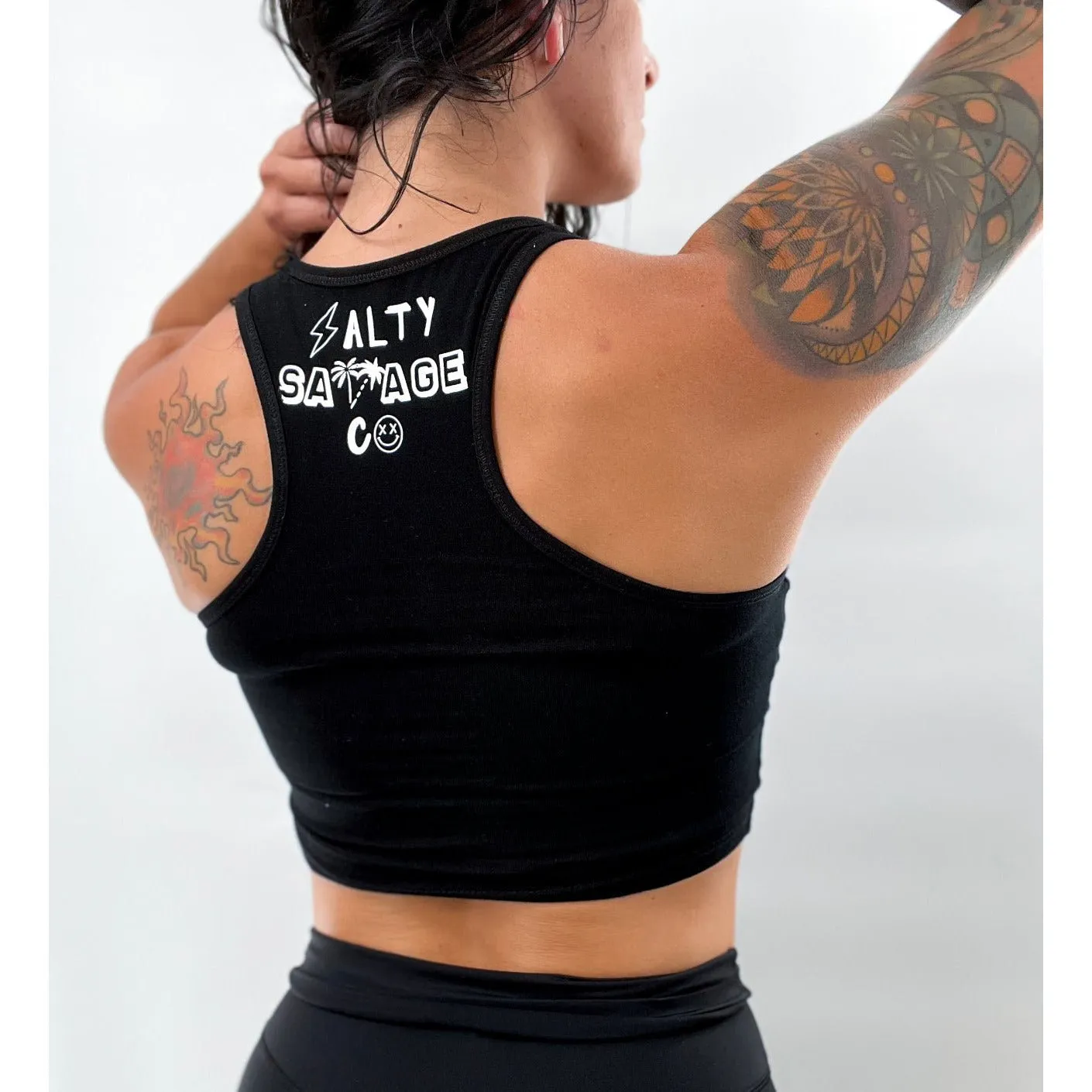 Salty Savage Ladies "BE YOURSELF" Cropped Racerback Tank | Micro | Black/White