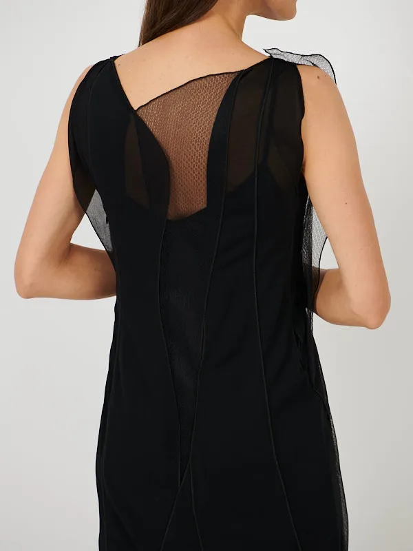 Sheer Wave Panel Floorlength Dress in Black