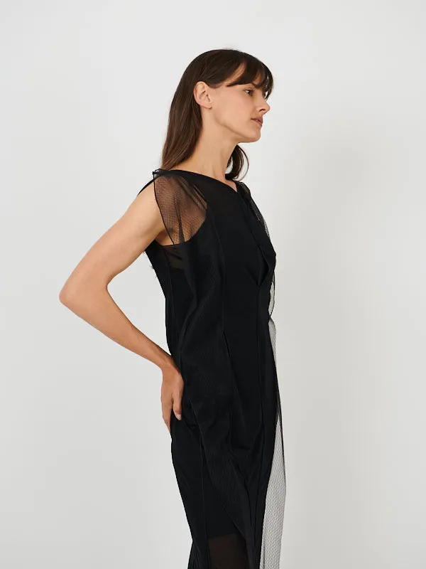 Sheer Wave Panel Floorlength Dress in Black