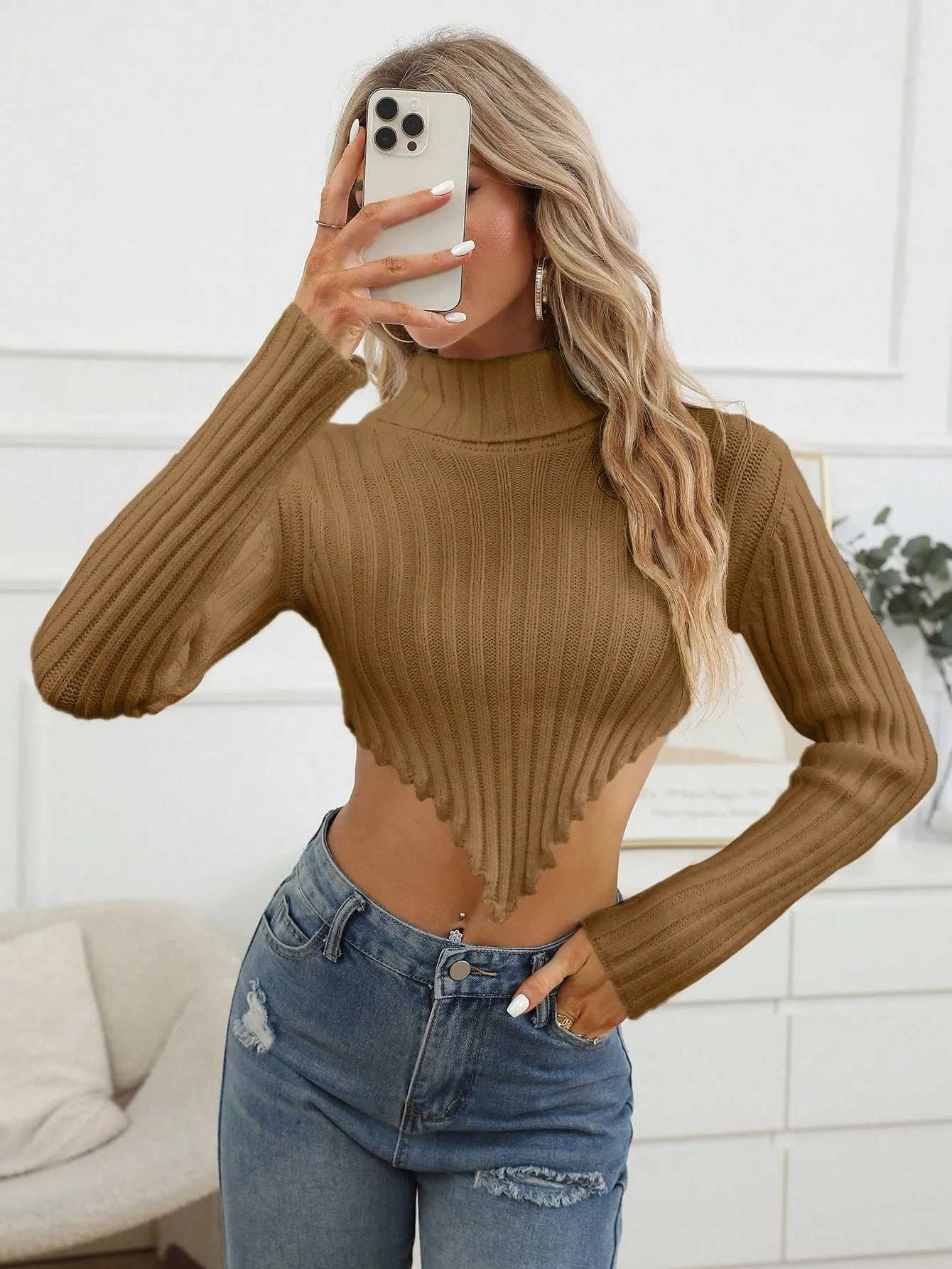 Solid Asymmetrical Hem Crop Sweater