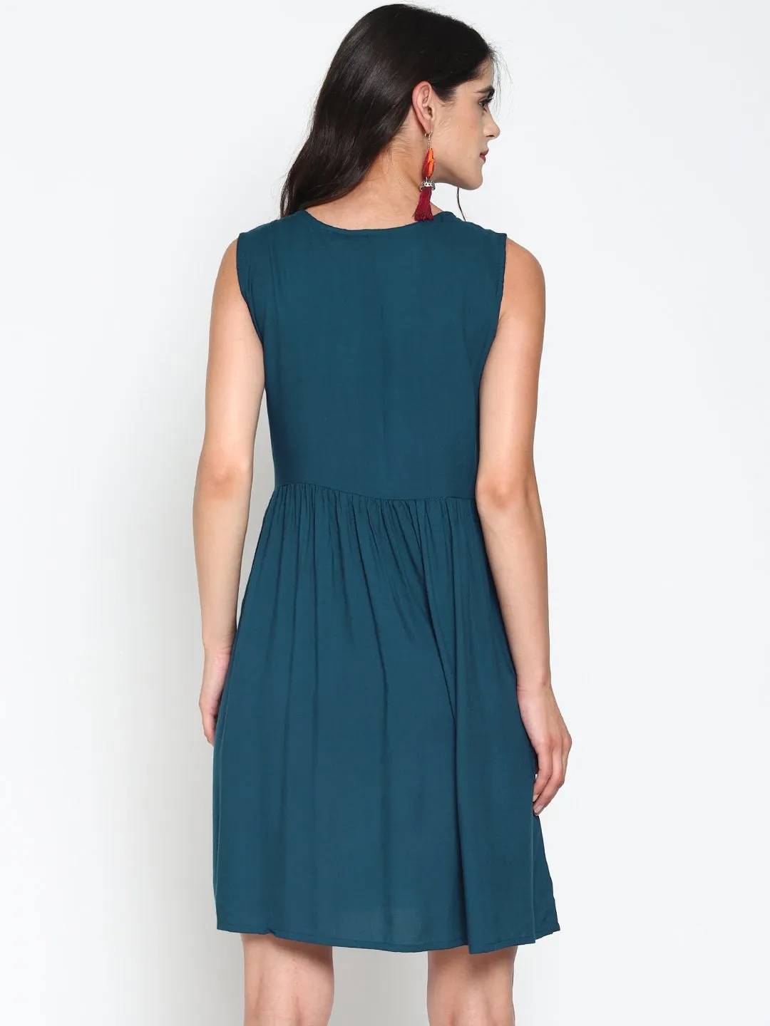 Teal Skater Dress With Embroidered Yoke