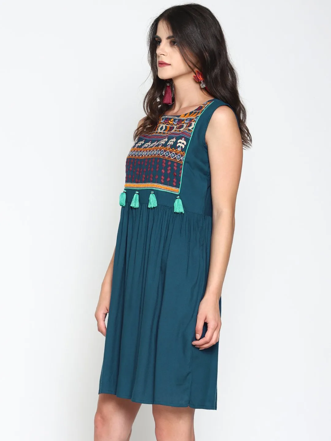 Teal Skater Dress With Embroidered Yoke