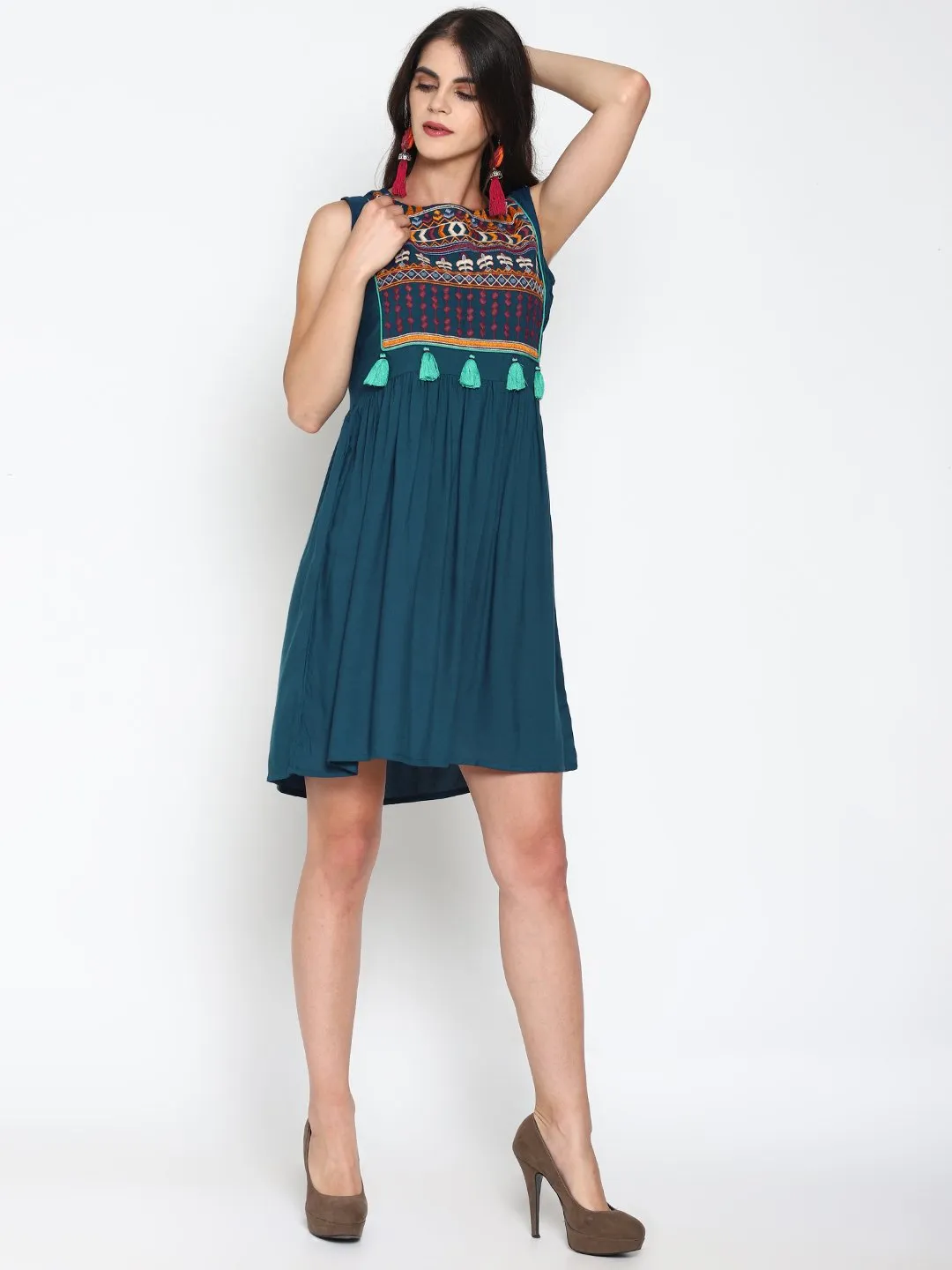 Teal Skater Dress With Embroidered Yoke