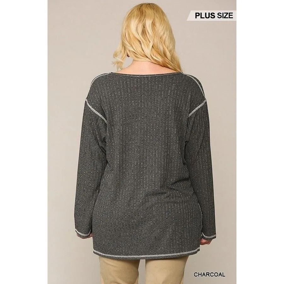 Two-tone Ribbed Tunic Top With Side Slits