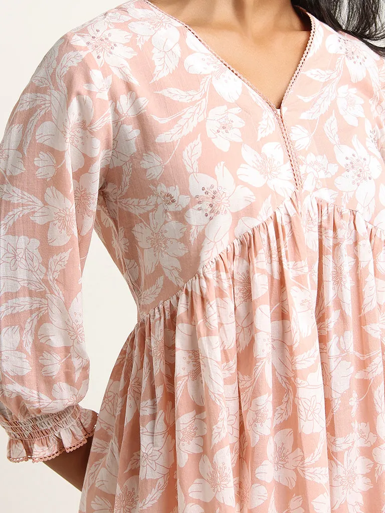 Utsa Peach Floral Print Cotton Kurti