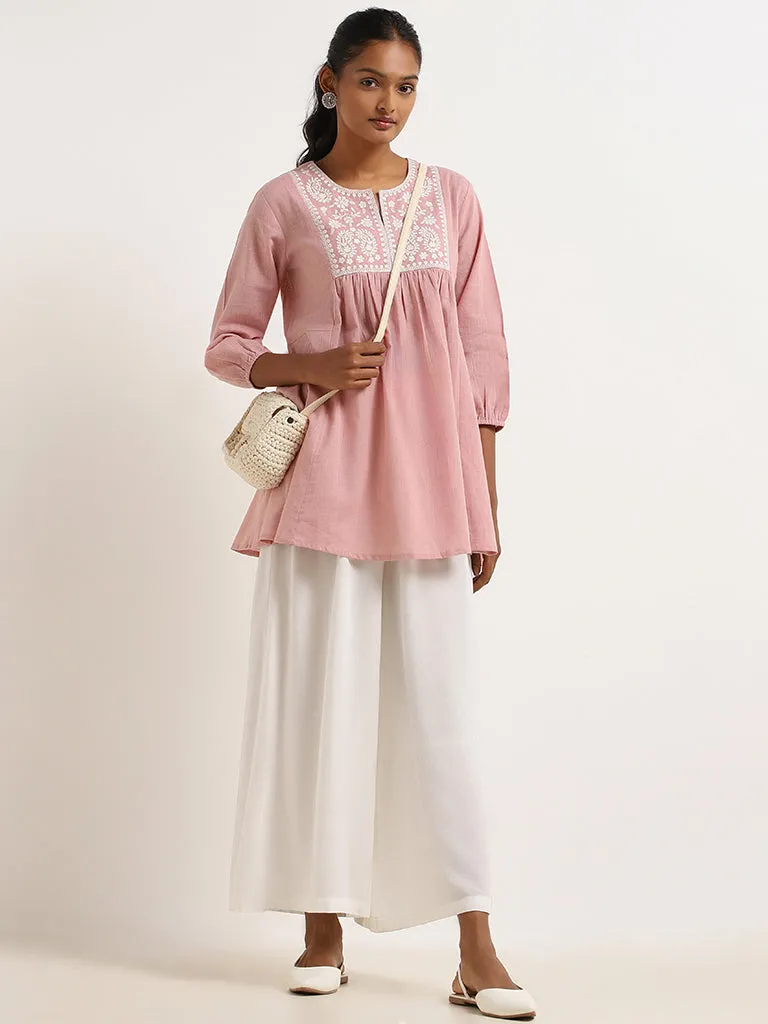 Utsa Pink Embroidered Cotton Kurti