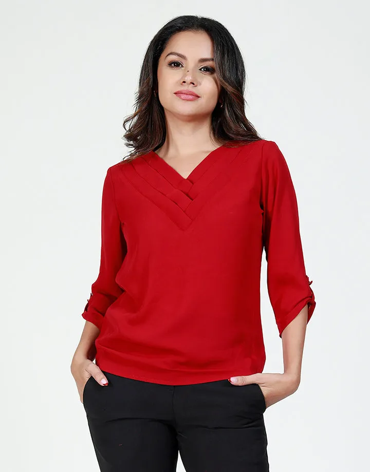 V-Neck Blouse with Pleated Neck Line