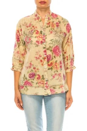 Vintage Floral Button Down Tunic with Embroidery and Lace