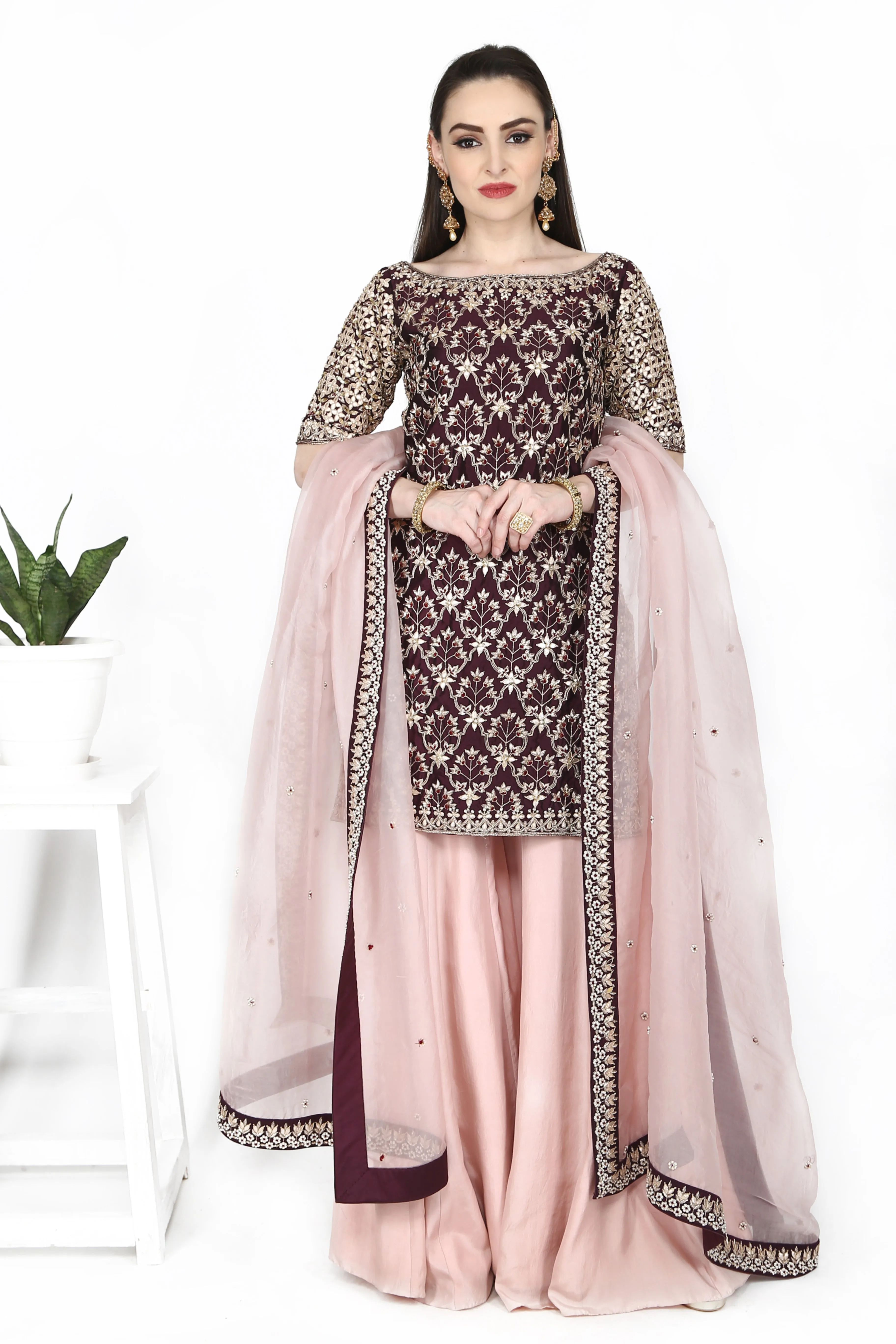 Wine Tunic with Pale Pink Sharara Set.