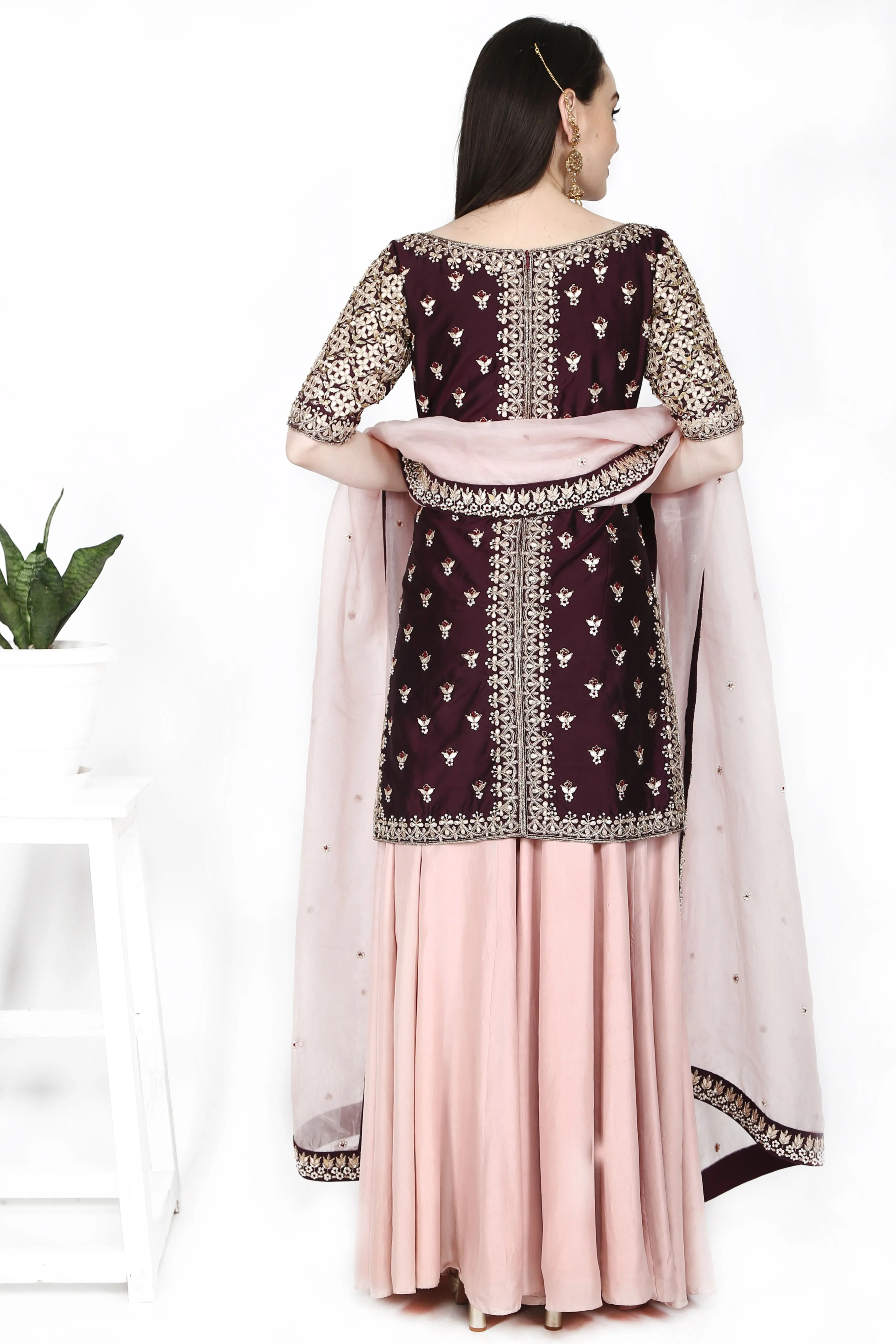 Wine Tunic with Pale Pink Sharara Set.