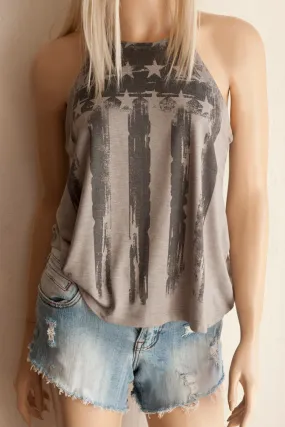 Women's American Flag Grey High Neck Spaghetti Strap Tank Top