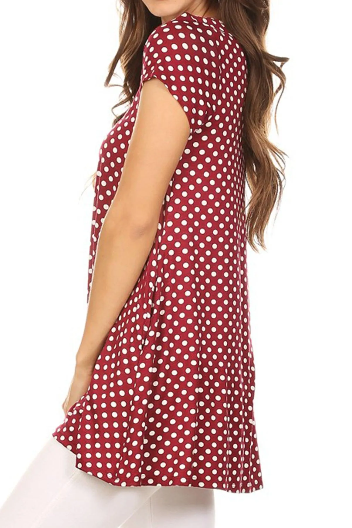 Women's Casual Polka Dot Short Sleeve Round Neck Tunic Tops with Side Pockets