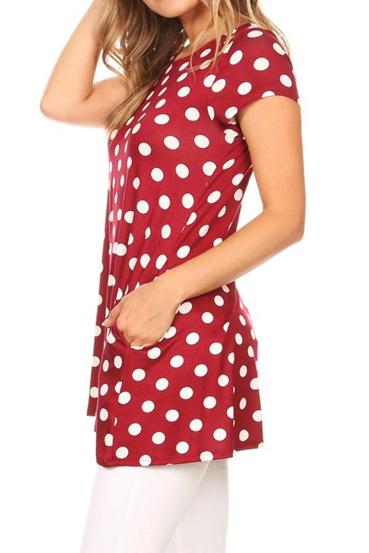 Women's Casual Polka Dot Short Sleeve Round Neck Tunic Tops with Side Pockets