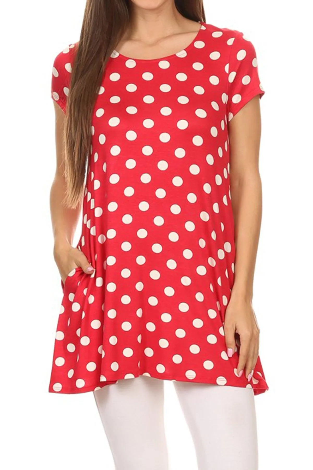 Women's Casual Polka Dot Short Sleeve Round Neck Tunic Tops with Side Pockets