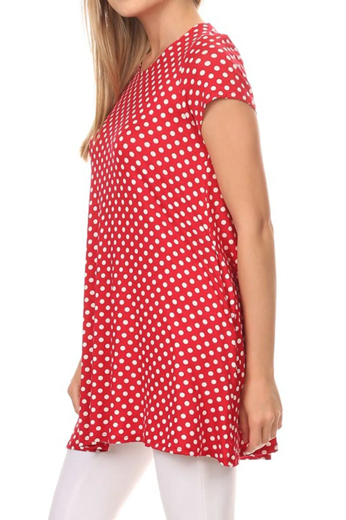 Women's Casual Polka Dot Short Sleeve Round Neck Tunic Tops with Side Pockets