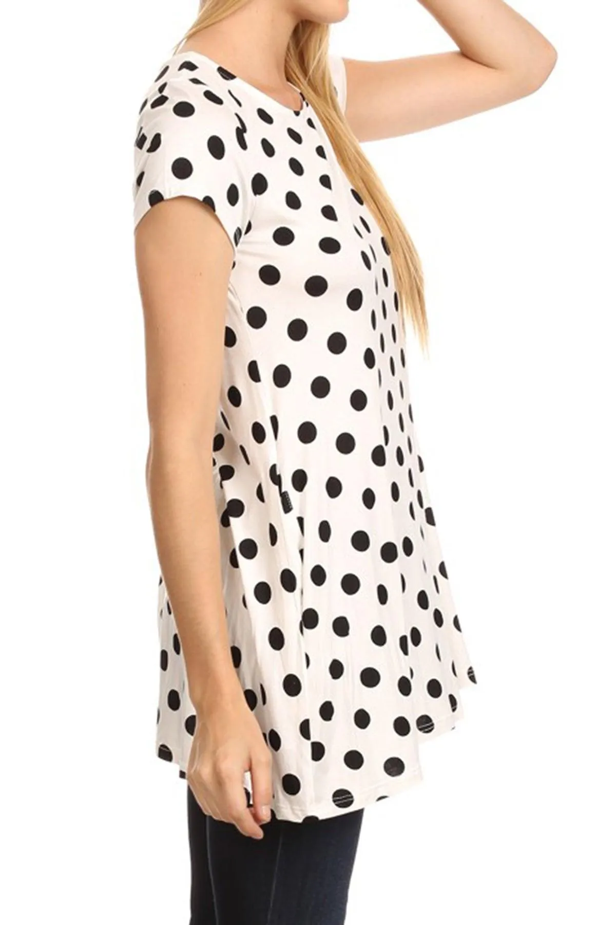 Women's Casual Polka Dot Short Sleeve Round Neck Tunic Tops with Side Pockets