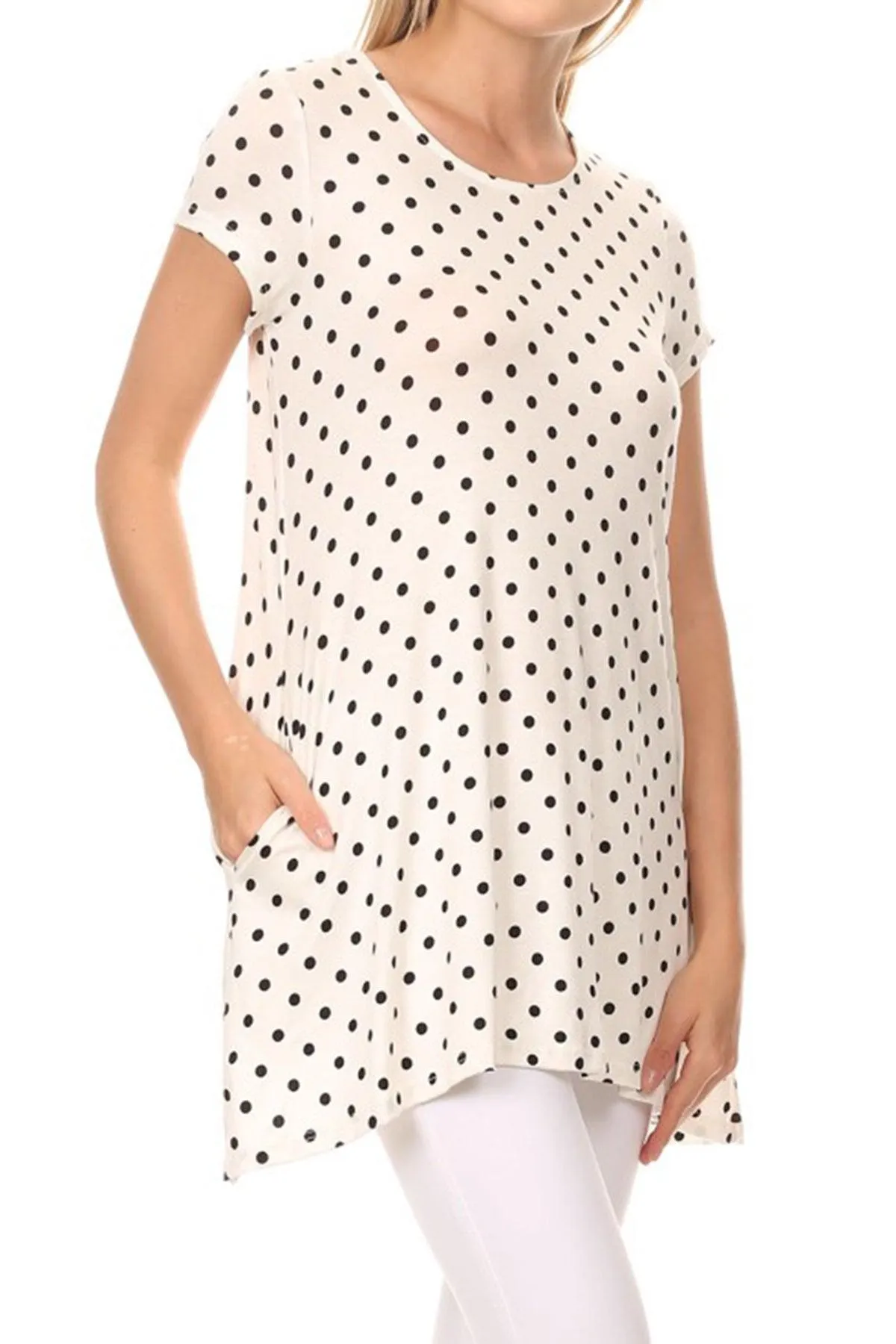 Women's Casual Polka Dot Short Sleeve Round Neck Tunic Tops with Side Pockets