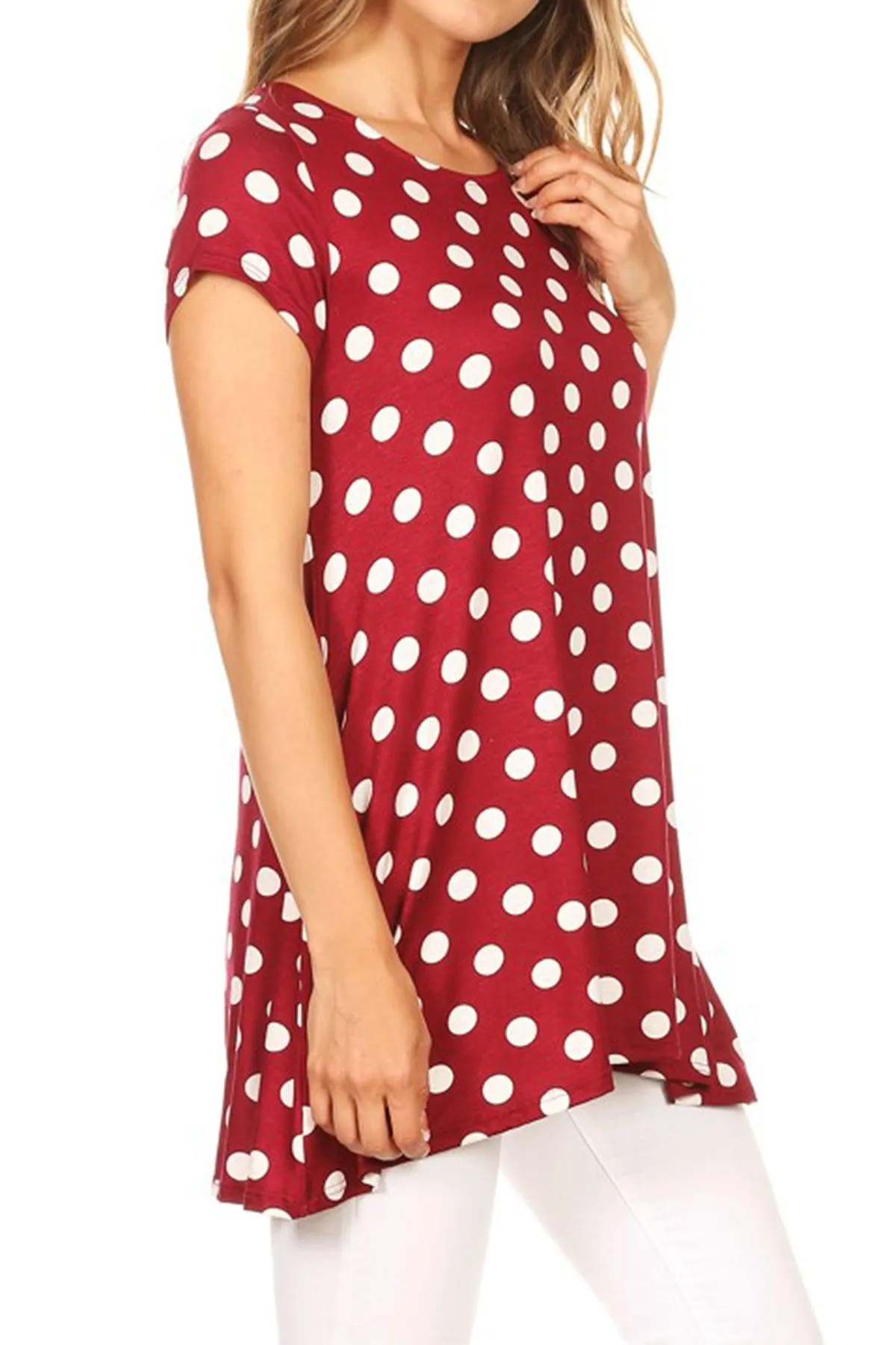 Women's Casual Polka Dot Short Sleeve Round Neck Tunic Tops with Side Pockets