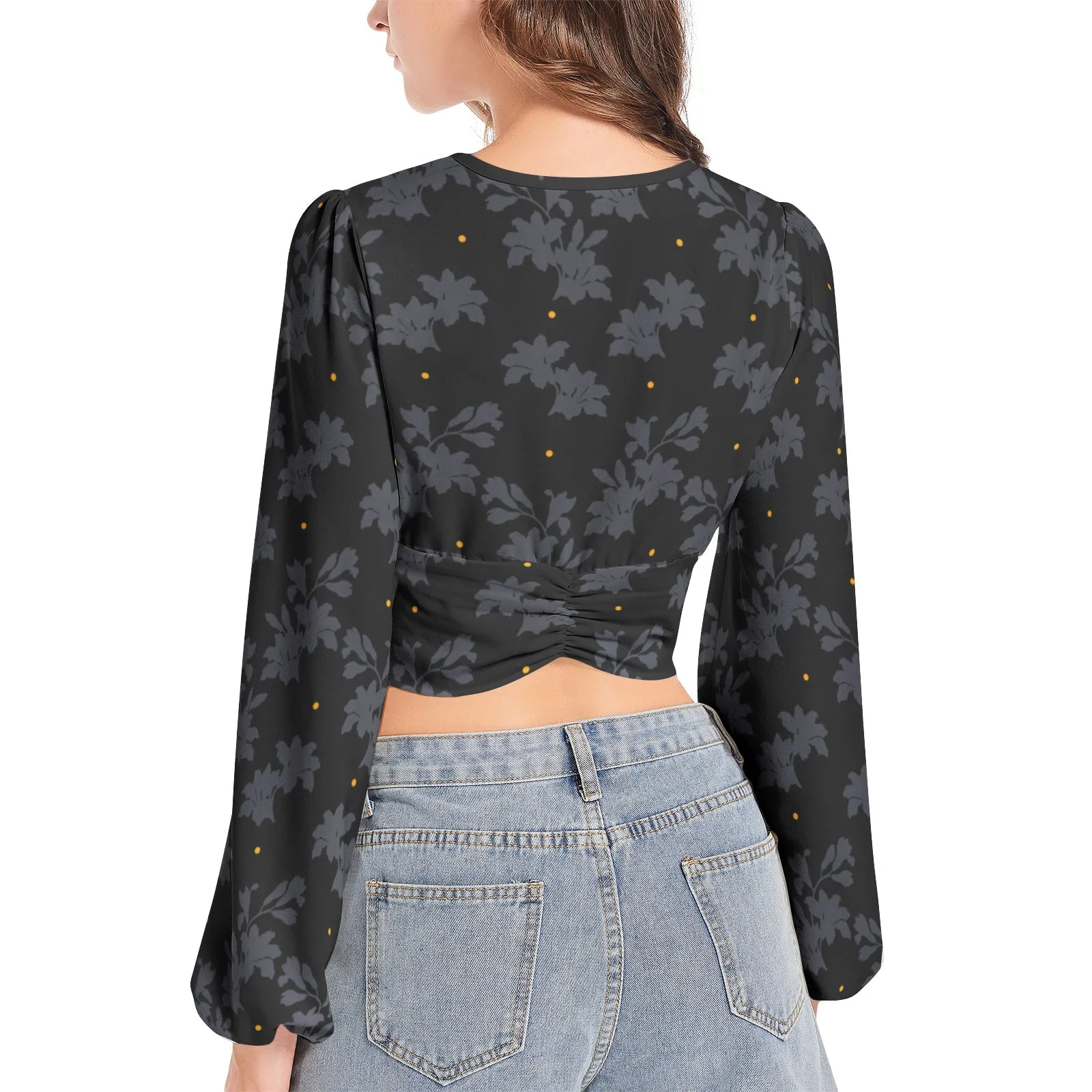 Women's Deep V-Neck Lantern Sleeve Crop Top