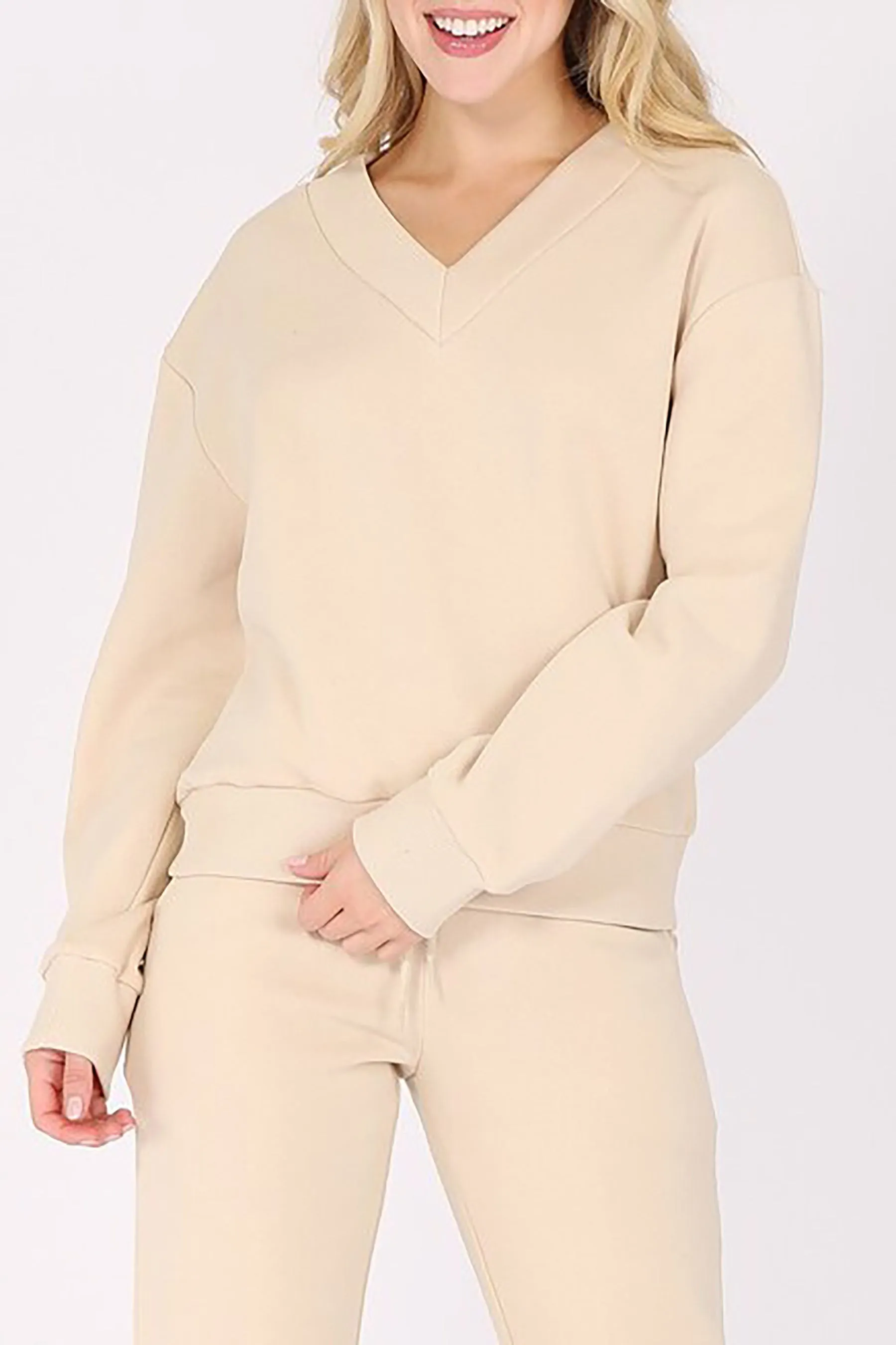 Women's Long Sleeve V Neck Fleece Sweatshirt