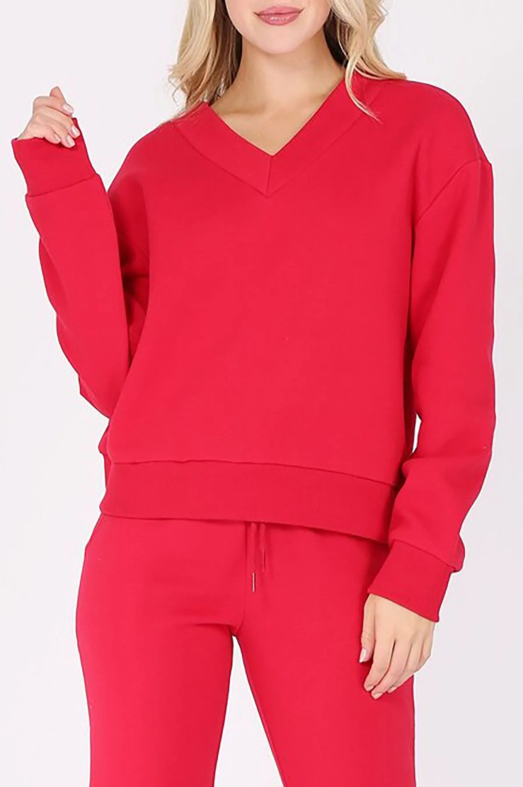 Women's Long Sleeve V Neck Fleece Sweatshirt